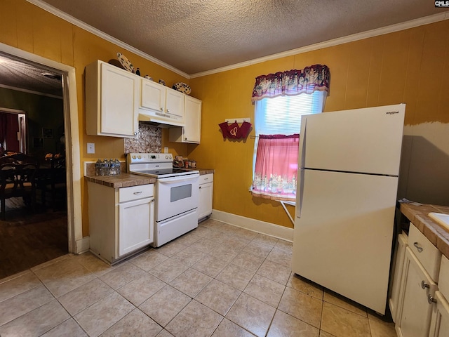 kitchen featuring under cabinet range hood, ornamental molding, white cabinets, white appliances, and a textured ceiling