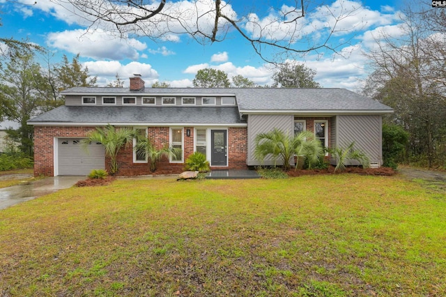 mid-century modern home with brick siding, a chimney, concrete driveway, and a front yard