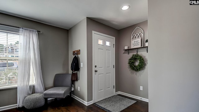 foyer entrance featuring baseboards and dark wood-style flooring