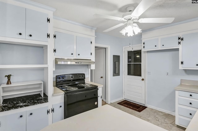 kitchen with white cabinetry, black range with electric cooktop, under cabinet range hood, and ceiling fan