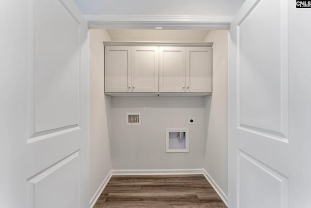 clothes washing area featuring dark wood-type flooring, hookup for a washing machine, baseboards, and electric dryer hookup