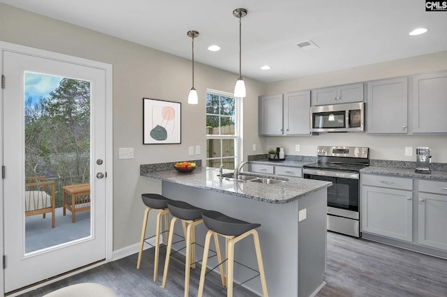 kitchen with gray cabinets, a sink, wood finished floors, appliances with stainless steel finishes, and a breakfast bar area