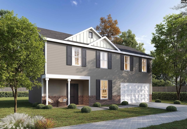 view of front of property with a front yard, fence, brick siding, concrete driveway, and board and batten siding