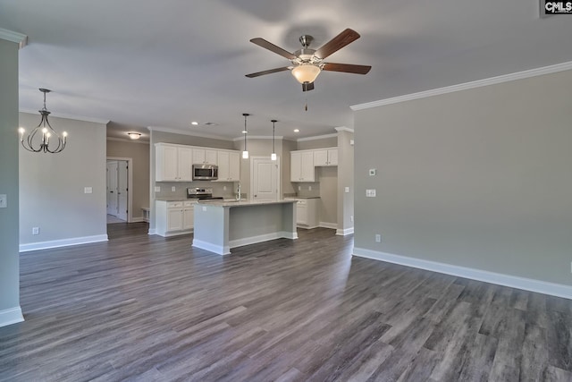 unfurnished living room with baseboards, dark wood-style floors, crown molding, and ceiling fan with notable chandelier