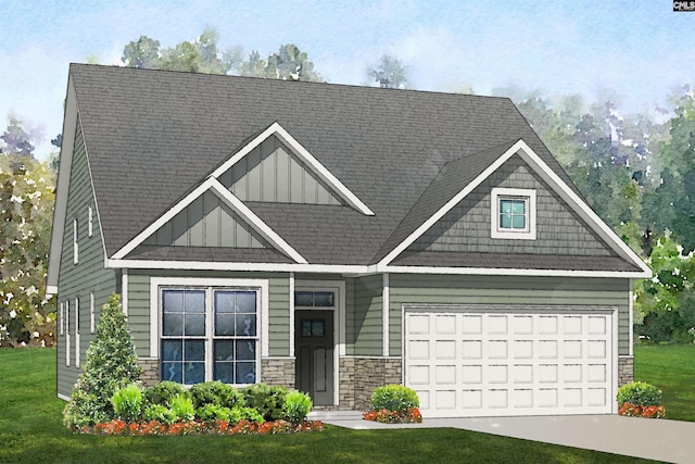 craftsman inspired home with a front yard, driveway, board and batten siding, and stone siding