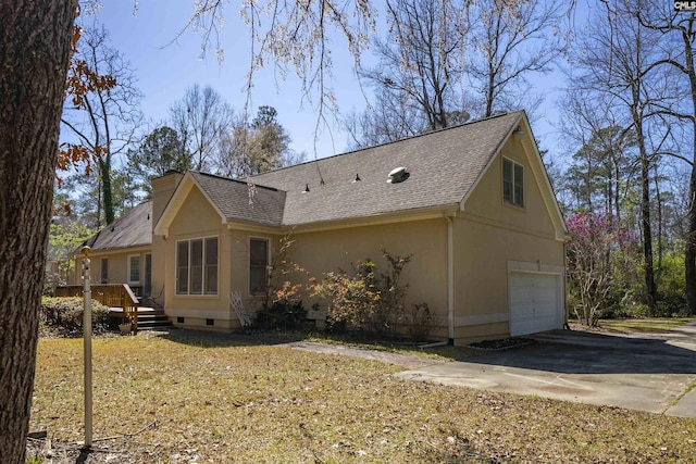 view of property exterior featuring aphalt driveway, stucco siding, an attached garage, and a shingled roof