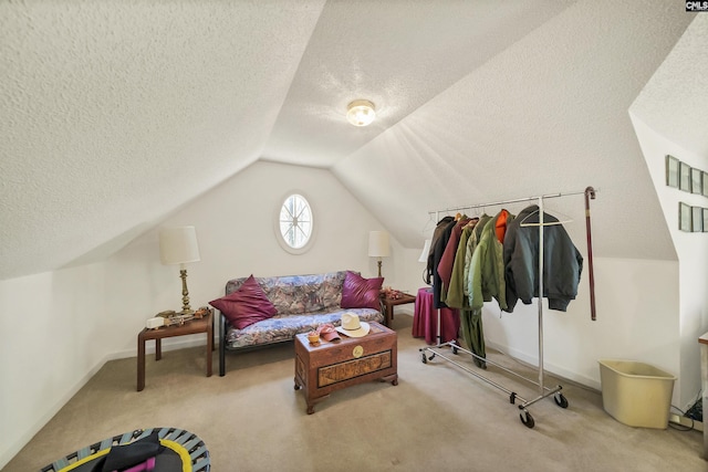 interior space featuring lofted ceiling, carpet, baseboards, and a textured ceiling