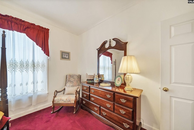 sitting room featuring dark colored carpet and baseboards