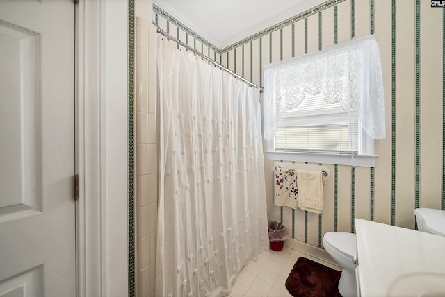 full bath with tile patterned floors, toilet, wallpapered walls, and a shower with curtain