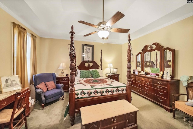 bedroom with carpet flooring, ceiling fan, and ornamental molding