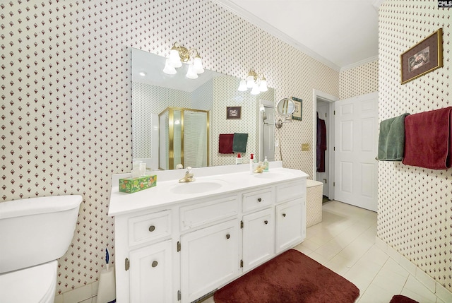 full bath featuring ornamental molding, a stall shower, wallpapered walls, and a sink