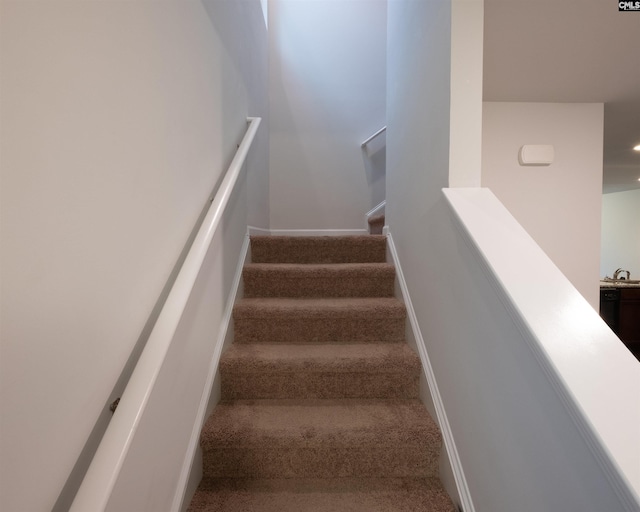 stairway featuring baseboards and carpet