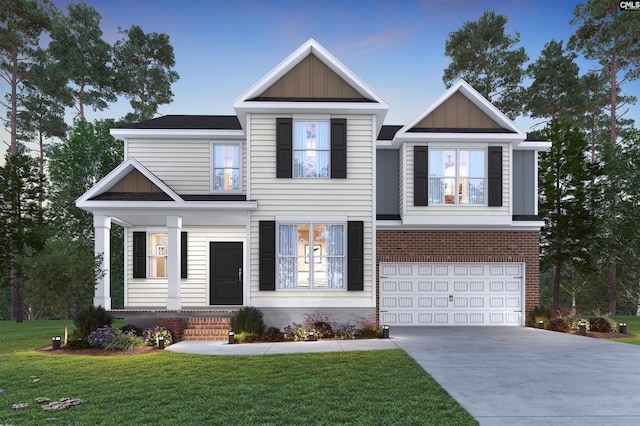 view of front facade featuring board and batten siding, a front lawn, a porch, concrete driveway, and a garage