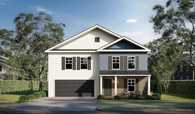 view of front facade with driveway, stone siding, a porch, board and batten siding, and a garage