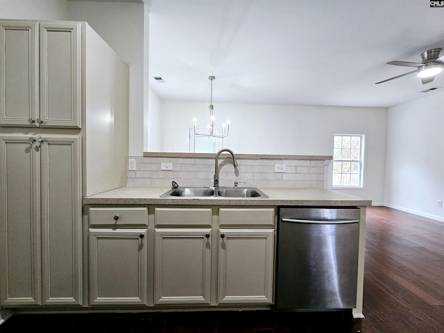 kitchen featuring dishwasher, tasteful backsplash, visible vents, and a sink