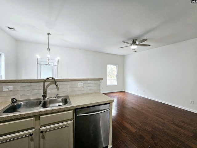 kitchen featuring visible vents, a sink, decorative backsplash, dark wood-type flooring, and dishwasher