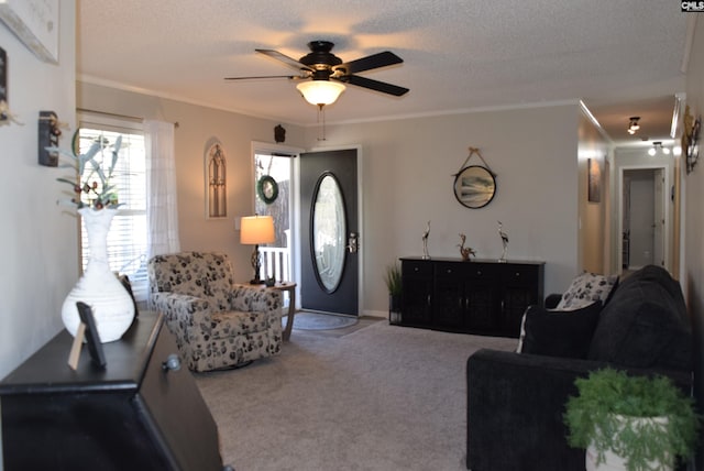 living room with crown molding, carpet flooring, a ceiling fan, and a textured ceiling