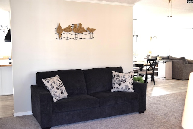 carpeted living area with wood finished floors and crown molding