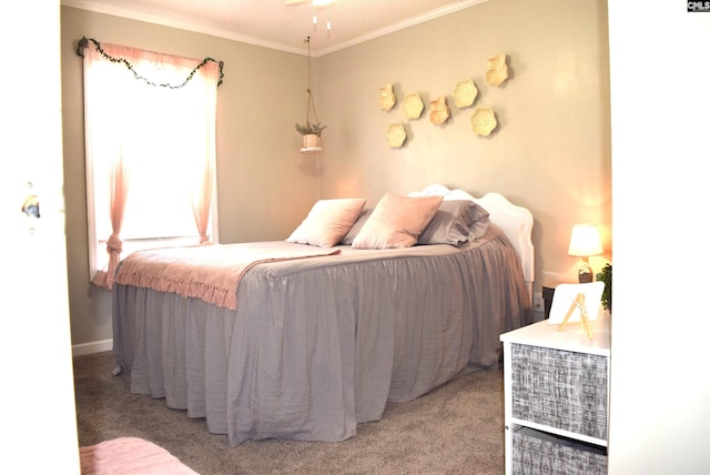 bedroom with baseboards, light colored carpet, and crown molding