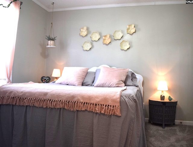 carpeted bedroom with baseboards and crown molding