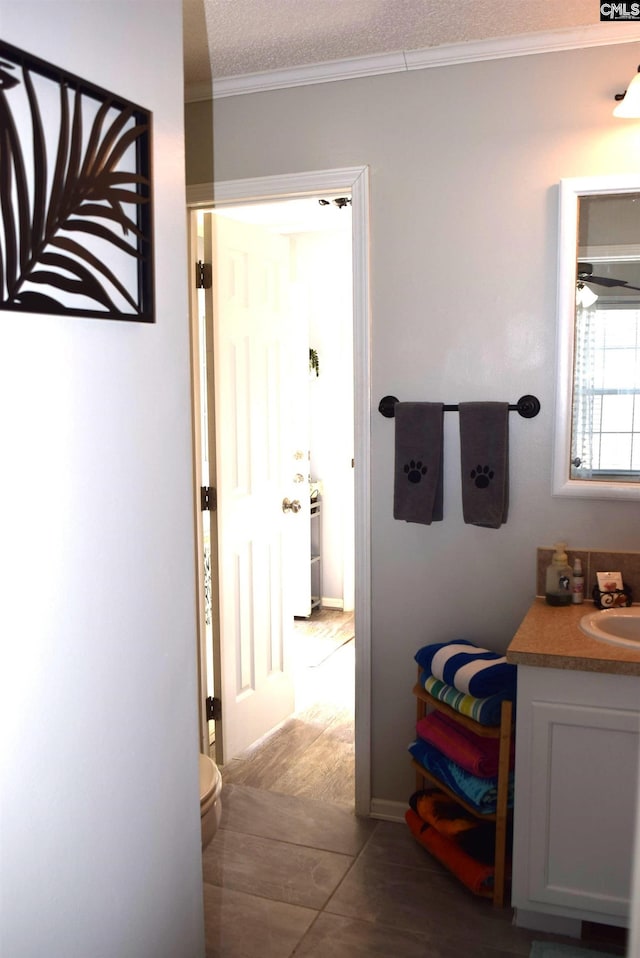 hall with a sink, a textured ceiling, and ornamental molding