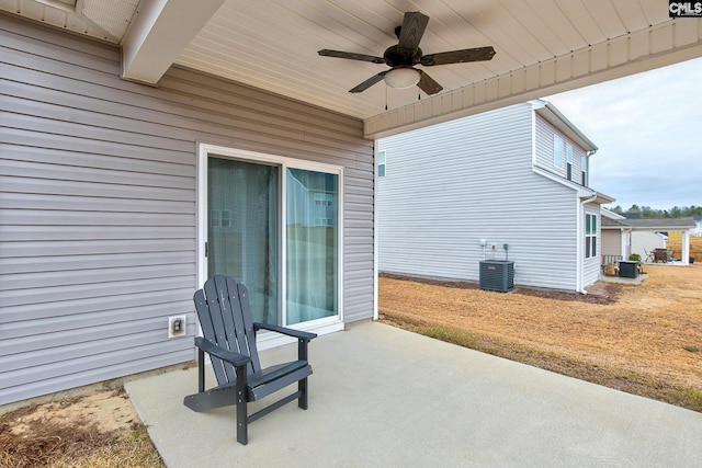 view of patio / terrace featuring central AC and a ceiling fan