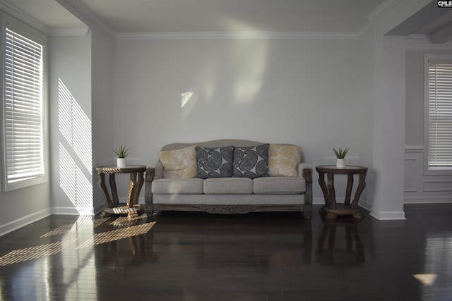 living area featuring crown molding, wood finished floors, and baseboards