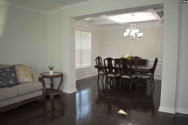 dining room with beamed ceiling, ornamental molding, wood finished floors, a notable chandelier, and coffered ceiling