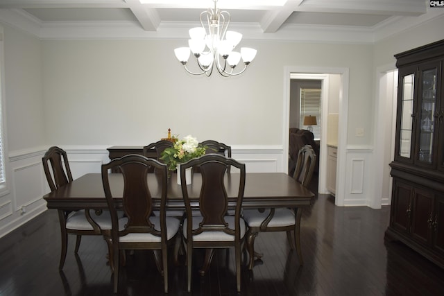 dining room featuring dark wood finished floors, beamed ceiling, a chandelier, wainscoting, and coffered ceiling