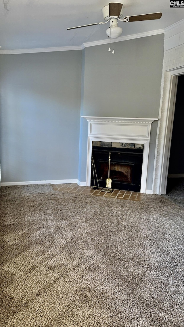 details with carpet flooring, a fireplace with flush hearth, and crown molding