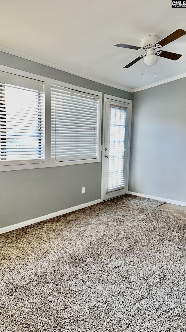 carpeted spare room with ceiling fan, baseboards, and ornamental molding