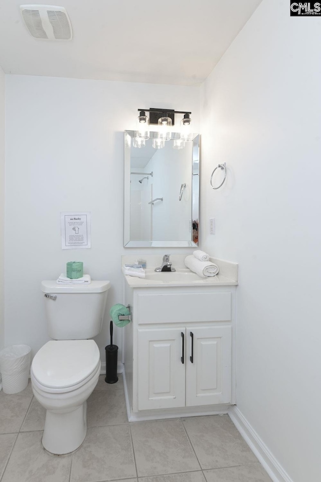 bathroom with tile patterned flooring, visible vents, toilet, and vanity