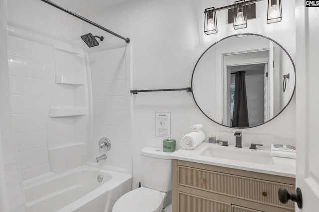 full bath featuring shower / washtub combination, toilet, and vanity