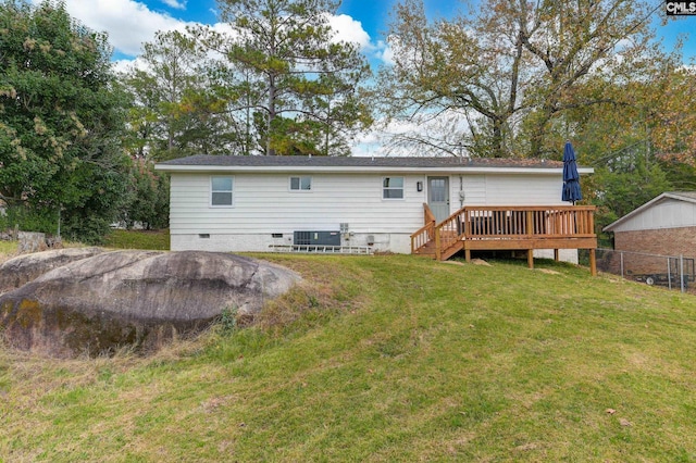 rear view of property featuring central air condition unit, a deck, fence, a yard, and crawl space