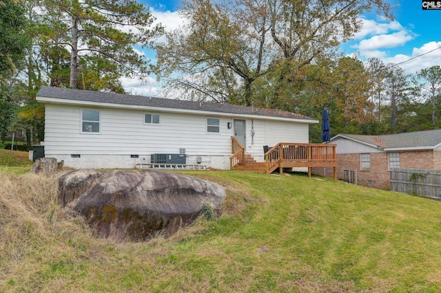 back of house featuring central AC, fence, a yard, a wooden deck, and crawl space