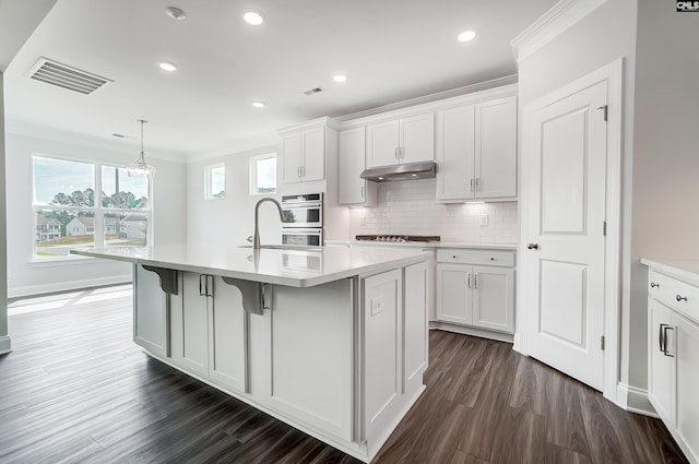 kitchen with under cabinet range hood, visible vents, a kitchen island with sink, and crown molding