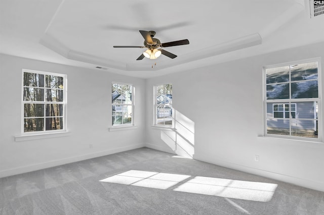 empty room featuring carpet flooring, baseboards, and a tray ceiling