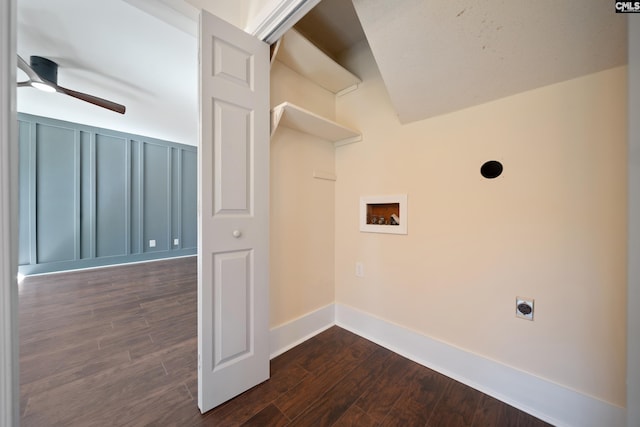 washroom with dark wood-type flooring, ceiling fan, hookup for an electric dryer, hookup for a washing machine, and laundry area