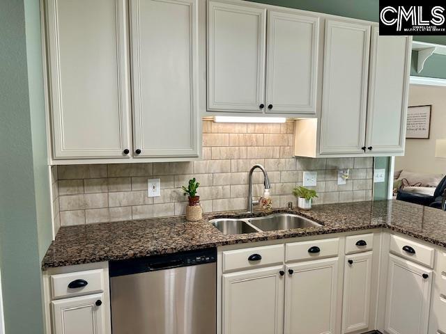 kitchen with a sink, stainless steel dishwasher, and white cabinetry