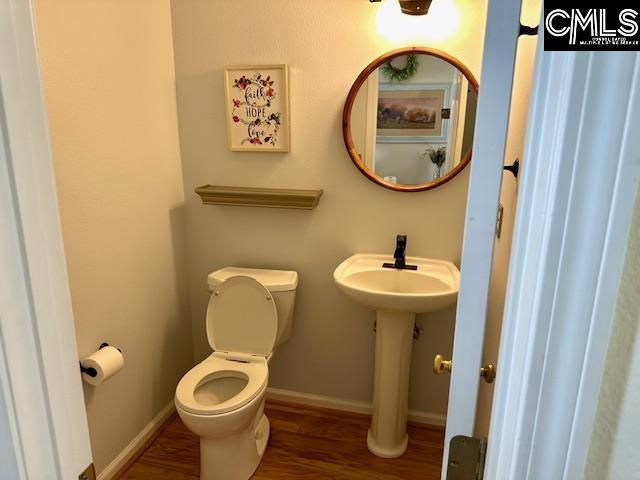 bathroom featuring a sink, baseboards, toilet, and wood finished floors