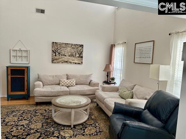 living area featuring a high ceiling, wood finished floors, and visible vents