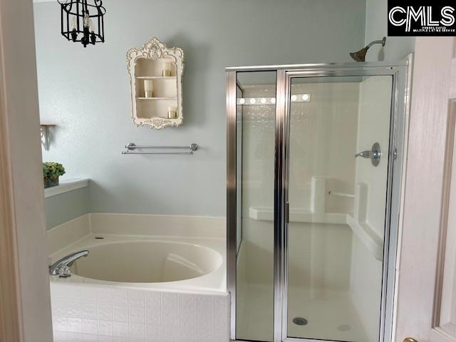 full bath featuring a shower stall and a garden tub