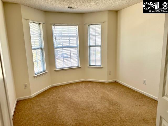 carpeted empty room featuring baseboards, visible vents, and a textured ceiling