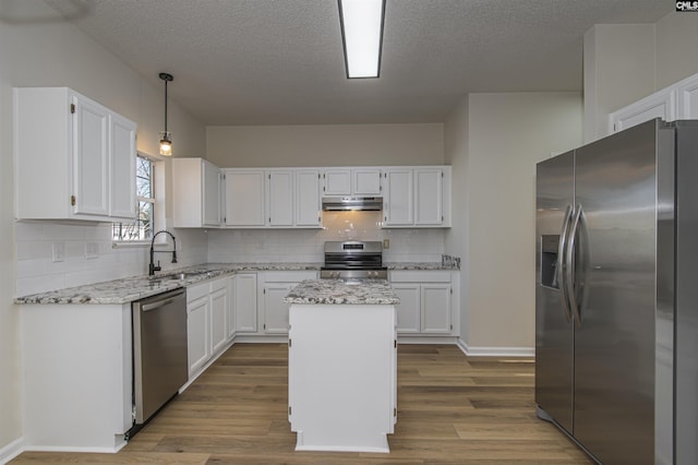 kitchen with white cabinetry, under cabinet range hood, appliances with stainless steel finishes, and a sink