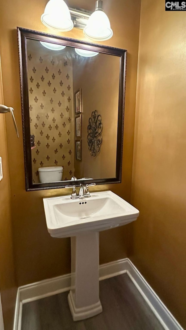 half bath featuring wood finished floors, baseboards, and a sink