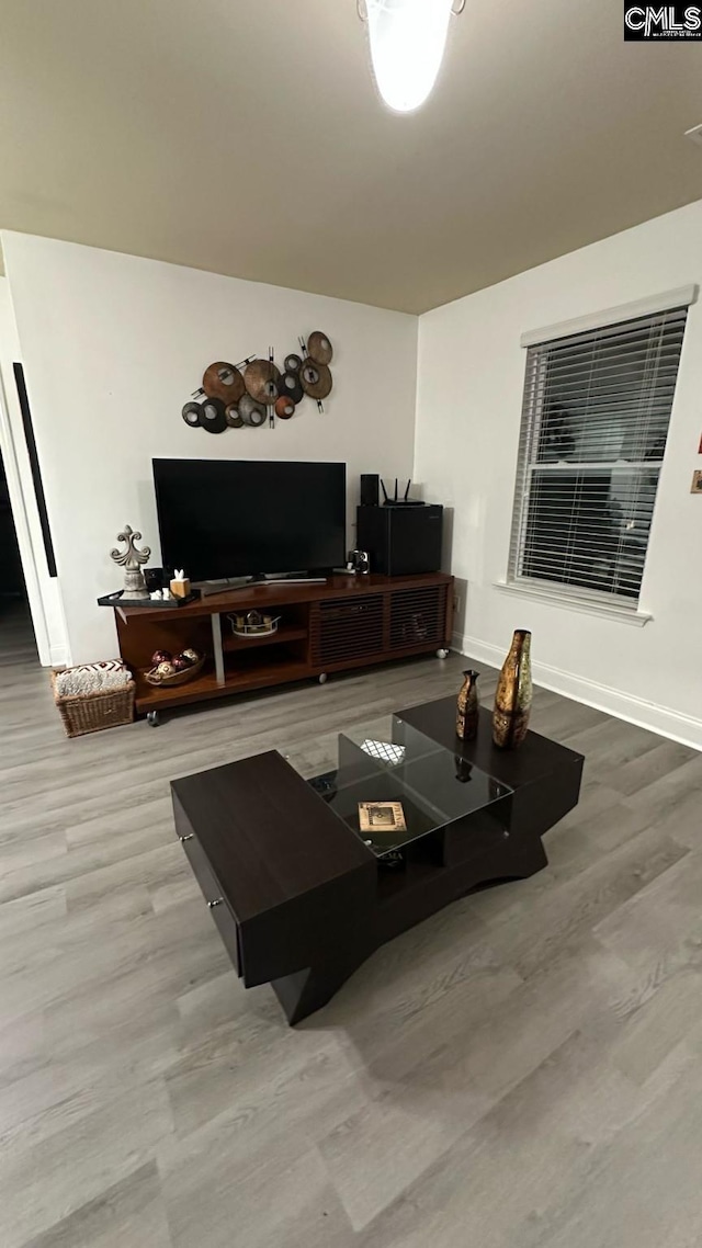 living room with baseboards and wood finished floors