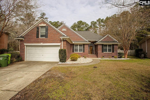 traditional-style house with brick siding, a front lawn, fence, crawl space, and driveway