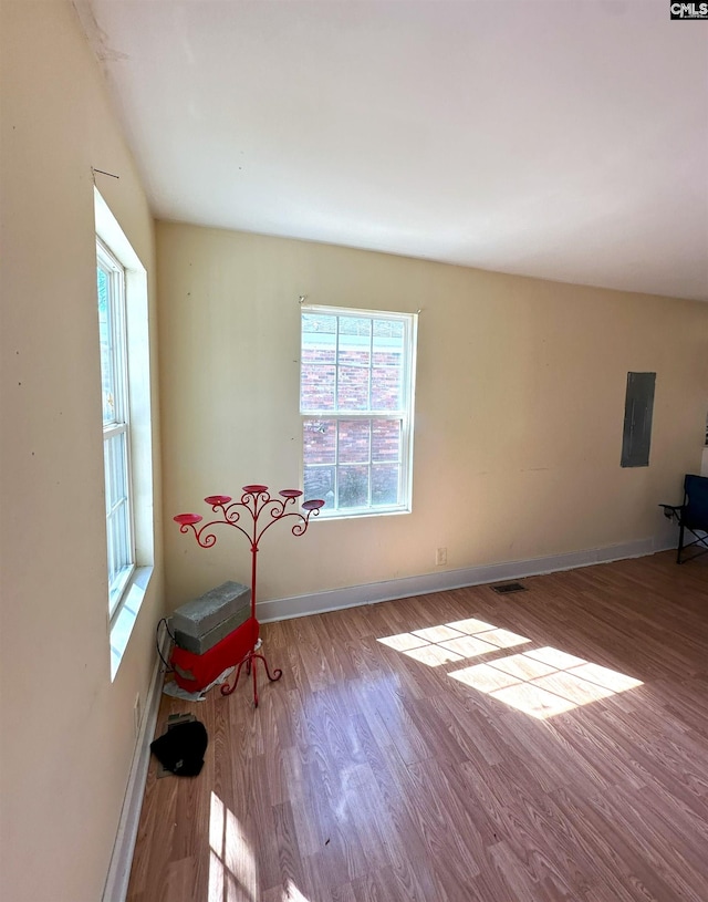 empty room featuring electric panel, baseboards, wood finished floors, and a wealth of natural light