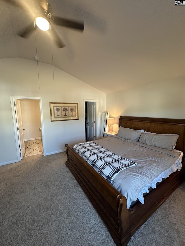 bedroom with vaulted ceiling, carpet flooring, baseboards, and ceiling fan