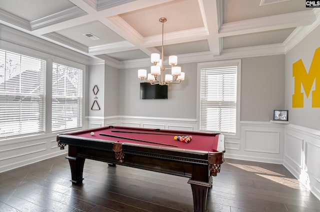 playroom featuring beamed ceiling, visible vents, dark wood-style floors, and billiards